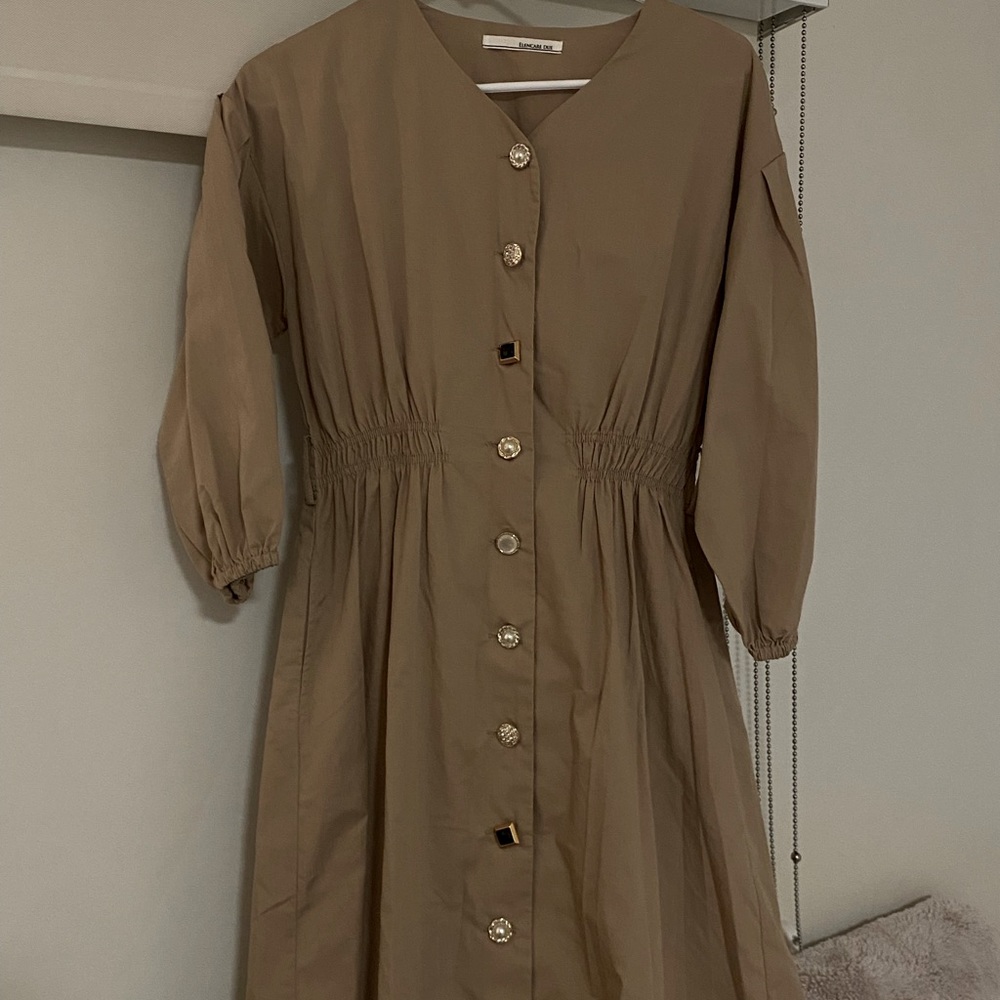 Elegant Khaki midi puff sleeves long dress Japanese brand